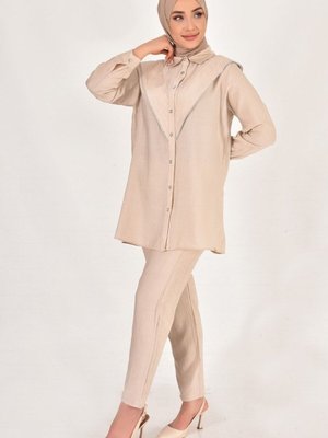 Krem Lina Keten Kumaş Taş Detaylı 2li Takım Krem Lina Keten Kumaş Taş Detaylı 2li Takım