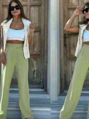 Yeşil Likralı Palazzo Cırtlı Pantolon