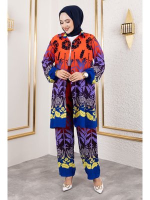 Turuncu Renkli Çiçek Desenli Viskon Takım