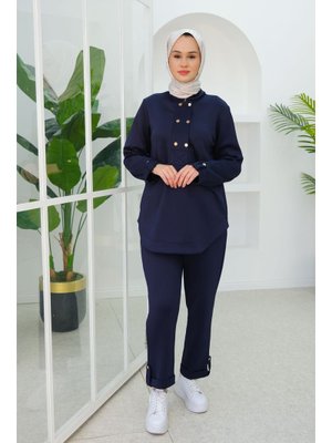 Lacivert Düğme Detaylı Oval Kesim İkili Takım Lacivert Düğme Detaylı Oval Kesim İkili Takım