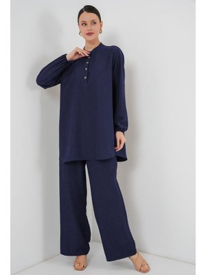 Lacivert Keten Tunik Pantolon İkili Takım Lacivert Keten Tunik Pantolon İkili Takım