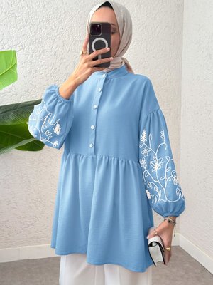 Bebe Mavisi Nakışlı Balon Kol Tunik