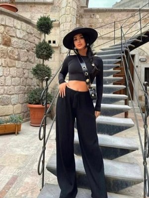 Siyah Palazzo Beli Lastikli Salaş Dökümlü Fitlli Pantolon