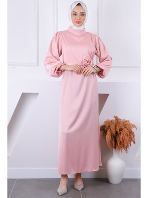 Pudra Gül Kemer Detaylı Balon Kol Saten Abiye Elbise