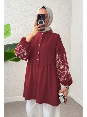 Bordo Nakışlı Balon Kol Tunik Bordo Nakışlı Balon Kol Tunik