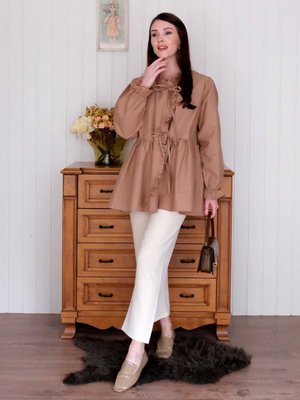 Karamel Fırfırlı Bağlamalı Tunik & Krem Boru Paça Pantolon Takım