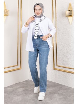 Koyu Mavi Paçası Kesik Yüksek Bel Kot Pantolon Koyu Mavi Paçası Kesik Yüksek Bel Kot Pantolon