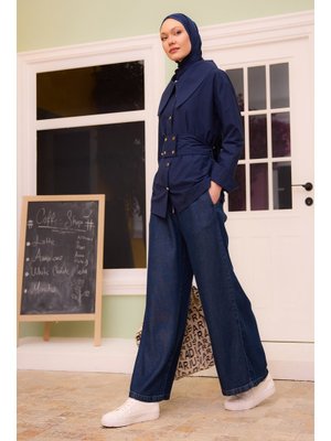 Koyu Mavi Beli Lastikli Cepli Bol Paça Pantolon