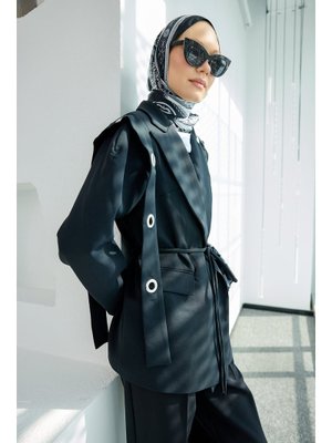 Siyah Kuş Gözü Kruvaze Yaka Blazer Ceket Siyah Kuş Gözü Kruvaze Yaka Blazer Ceket