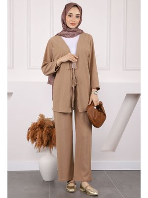Vizon Ön Bağlamalı Bürümcük Kimono Pantolonlu Takım