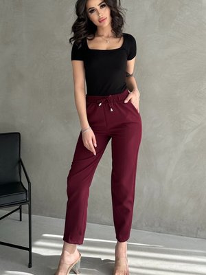 Bordo Beli Lastikli Yüksek Bel Pantolon