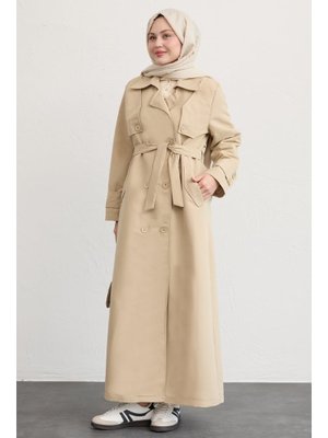 Çift Kapaklı Kuşaklı Krem Trençkot