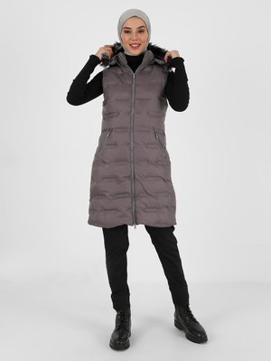 Gri Çıkabilir Kapüşonlu Desenli Şişme Yelek Gri Çıkabilir Kapüşonlu Desenli Şişme Yelek