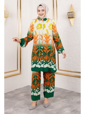 Yeşil Renkli Çiçek Desenli Viskon Takım