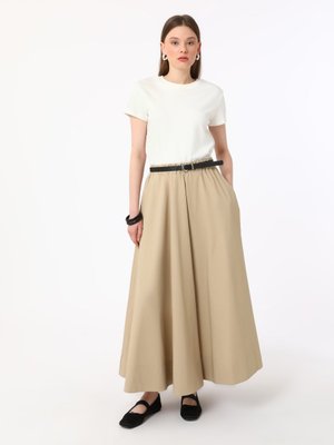 Bej Beli Lastikli Poplin Etek Bej Beli Lastikli Poplin Etek