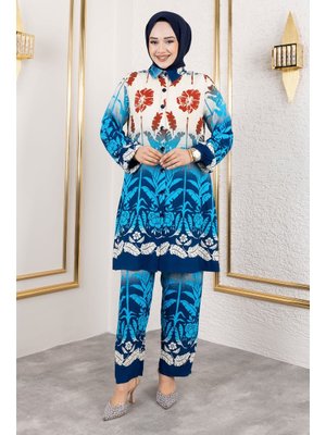 Mavi Renkli Çiçek Desenli Viskon Takım