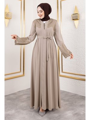 Bej Nakış Ve Taş Detaylı Abaya Bej Nakış Ve Taş Detaylı Abaya