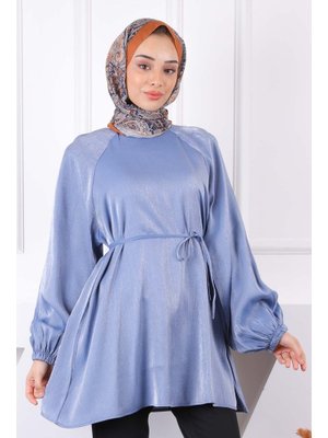 İndigo Bel Kuşaklı Parlak Tunik