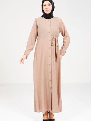 Bej Düğmeli Elbise