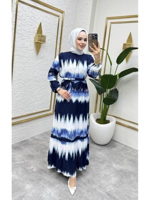 Lacivert Batik Desenli Kemerli Elbise Lacivert Batik Desenli Kemerli Elbise
