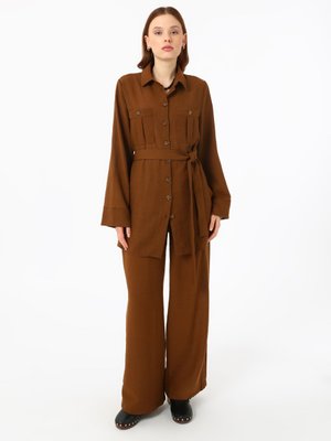 Keten Görünümlü Cep Detaylıtunik Pantolon Kahverengi Takım