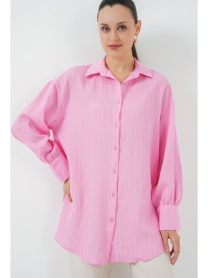 Pembe Çizgili Uzun Gömlek Tunik Pembe Çizgili Uzun Gömlek Tunik