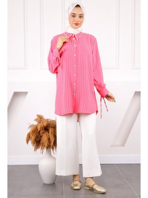 Pembe Kolu Bağcıklı Yaka Taşlı Linda Tunik