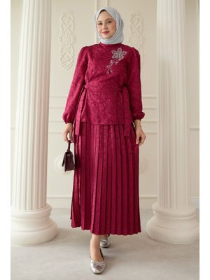 Leopar Desenli Jakar Etekli Fuşya Takım