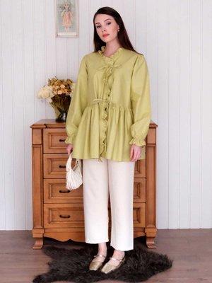 Fırfırlı Bağlamalı Tunik Yağ Yeşili