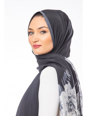 Çiçekli Desen Modal Seri Şal Askısı İle Birlikte 75x200 Cm Gri Siyah