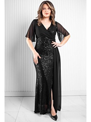 Siyah Pul Payetli Şifon Abiye Elbise