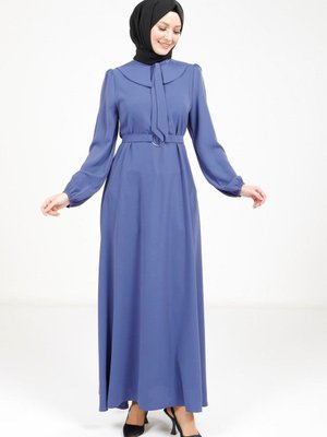 İndigo Yakası Kurdele Beli Kuşak Detaylı Elbise