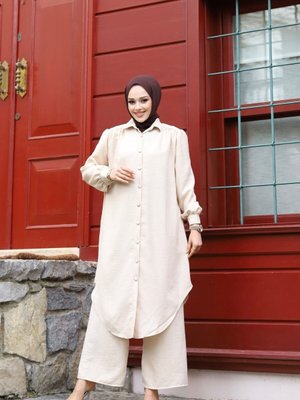 Taş Yazlık Gömlek Yaka Ve Önü Düğmeli Keten Kumaş Uzun Tunik,pantalon İkili Takım Taş Yazlık Gömlek Yaka Ve Önü Düğmeli Keten Kumaş Uzun Tunik,pantalon İkili Takım