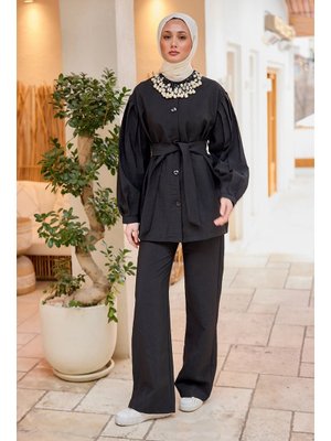 Siyah Pile Detaylı Kuşaklı İkili Takım Siyah Pile Detaylı Kuşaklı İkili Takım