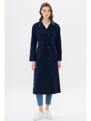 Lacivert Leopar Desen Detaylı Yarım Astarlı Trençkot