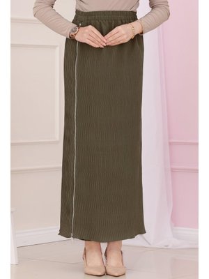 Haki Beli Lastikli Yanı Fermuar Detaylı Etek Haki Beli Lastikli Yanı Fermuar Detaylı Etek