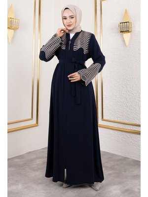 Lacivert Nakış Ve Taş Detaylı Abaya Lacivert Nakış Ve Taş Detaylı Abaya