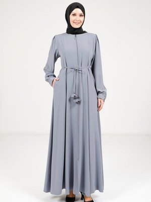 Gri Bağlama Detaylı Fermuarlı Ferace