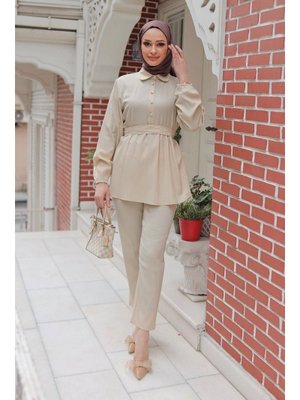 Bej Taş Düğme Detaylı Takım