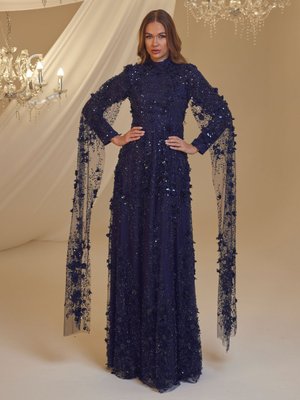 Lacivert Afife Abiye Elbise