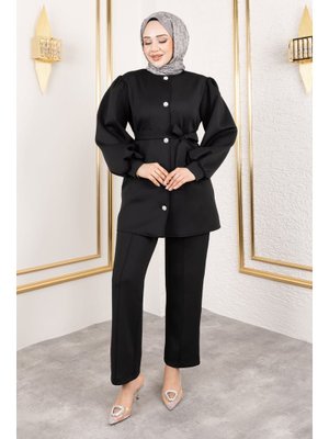Siyah Önden Düğmeli Scuba Takım