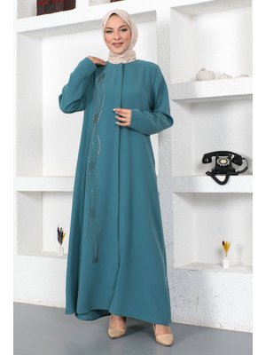 Mint Yeşili Önü Dalgalı Pul İşlemeli Ferace Mint Yeşili Önü Dalgalı Pul İşlemeli Ferace