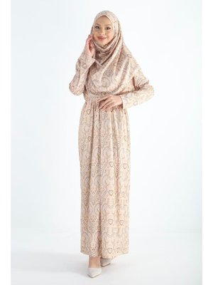 2105_tek Parça Kaymaz Başörtülü Beli Büzgülü Kuşaklı Desenli Namaz Elbisesi Bone Takmaya Gerek Yok 2105_tek Parça Kaymaz Başörtülü Beli Büzgülü Kuşaklı Desenli Namaz Elbisesi Bone Takmaya Gerek Yok