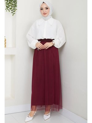 Bordo Beli Lastikli Tül Etek Bordo Beli Lastikli Tül Etek