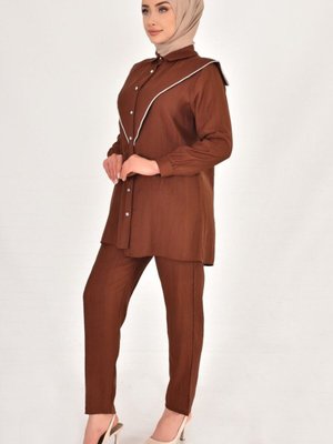 Kahverengi Lina Keten Kumaş Taş Detaylı 2li Takım Kahverengi Lina Keten Kumaş Taş Detaylı 2li Takım