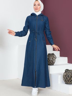 Koyu Lacivert Arma Detaylı Kot Elbise