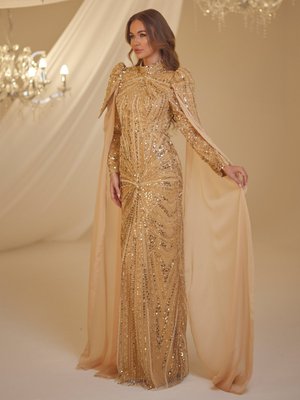 Gold Rengi Işıl Abiye Elbise