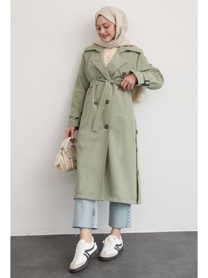 Çapraz Cep Detaylı Mint Yeşili Trençkot