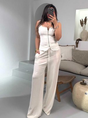 Ekru Lastikli Keten Pamuk Palazzo Pantolon