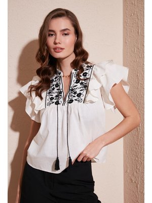 Siyah Lela Bluz Ekru